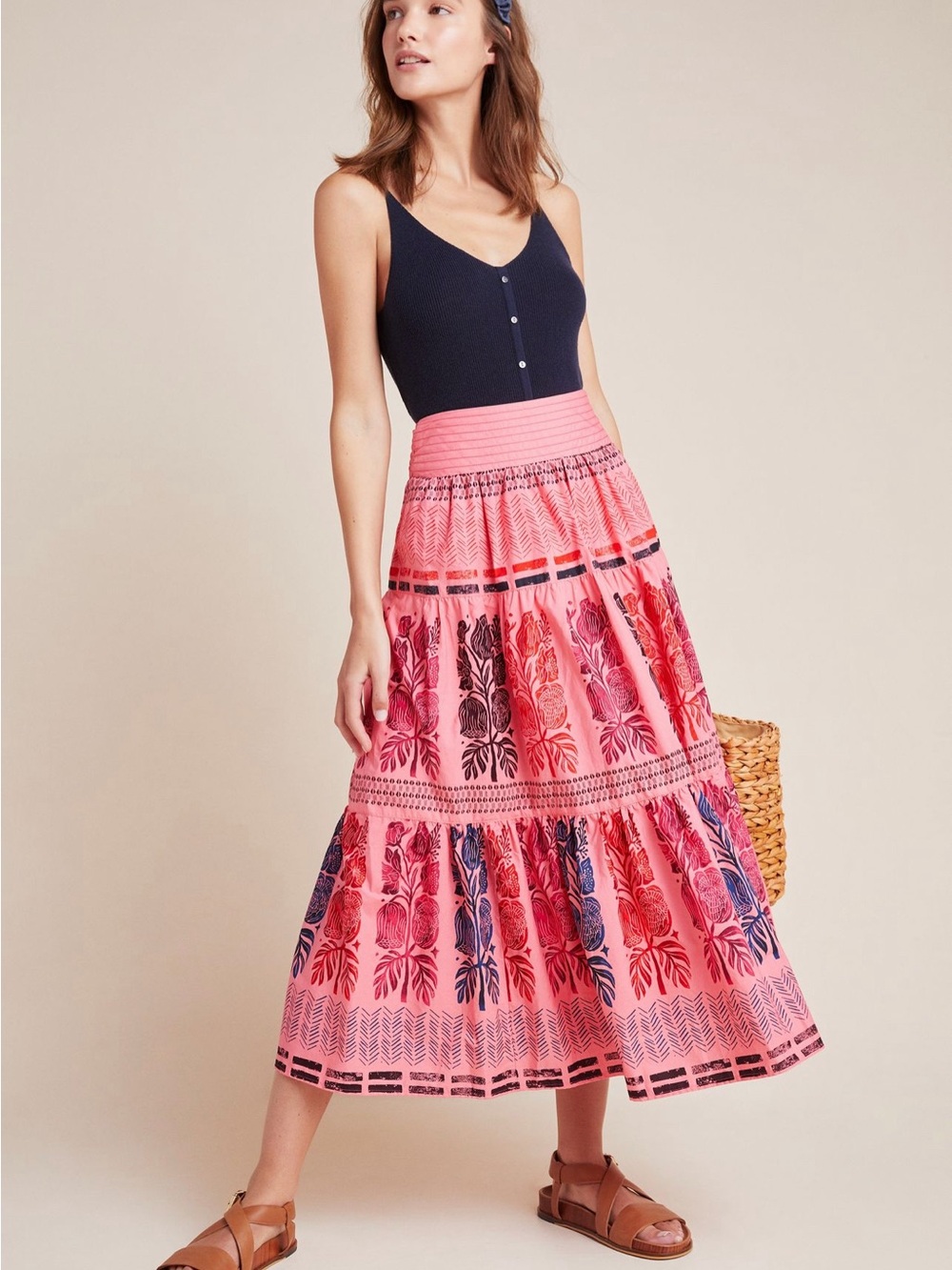Anthropologie Pink Tiered Midi Skirt with Floral Border
